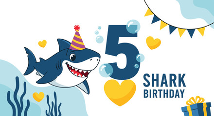 Fototapeta premium Fun shark themed birthday invitation featuring a cute shark in a party hat for a fifth birthday celebration with hearts.