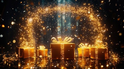 Obraz premium Radiant Gifts Unveiling Joyful Moments with Sparkling Golden Accents