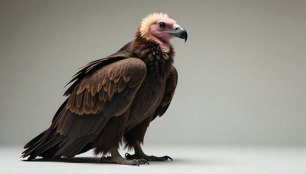 Hooded vulture facing left on a pale gray background, dark brown plumage, bare pink head/neck, black feet, full profile. 4K, HD.