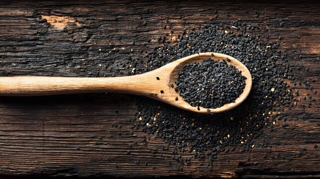 Close-up of black chia seeds in a wooden spoon on a rustic wooden table, showcasing healthy superfood ingredients.