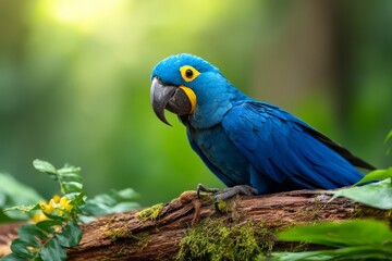 Vibrant Blue Bird Perched on Branch in Lush Rainforest Setting