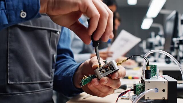 Engineer hands assembling electronic components with tweezers in lab