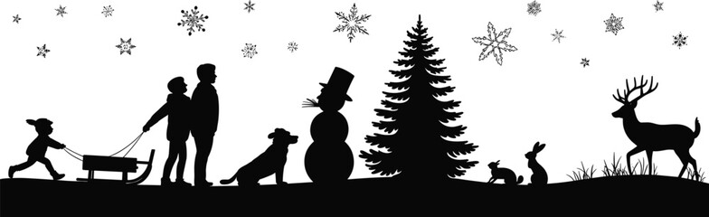 Winter silhouette background with children pulling sled snowman reindeer and snowflakes in a festive outdoor holiday landscape scene for seasonal designs © Champa