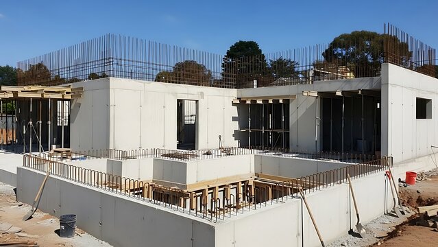 Foundation and Framework under a Clear Sky on a Modern House Build Site