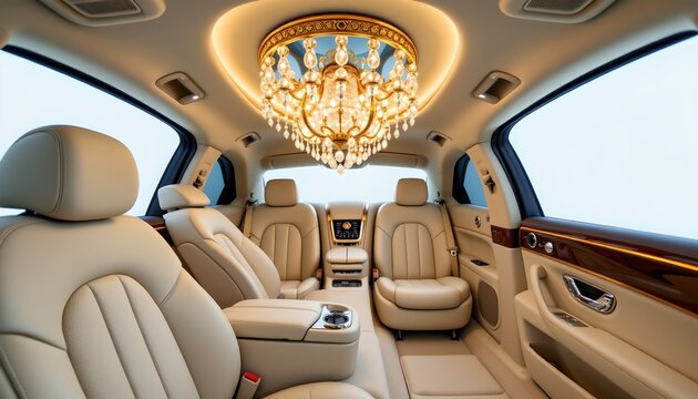 An opulent interior of a luxury vehicle, specifically a chauffeur driven limousine