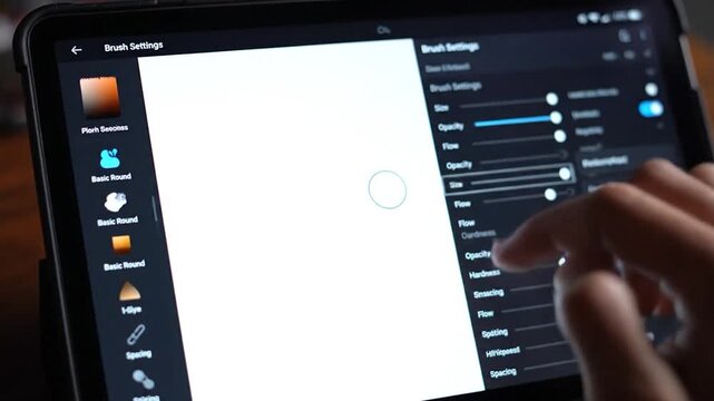A close-up shows a tablet displaying brush settings for digital art, with hand adjusting the opacity