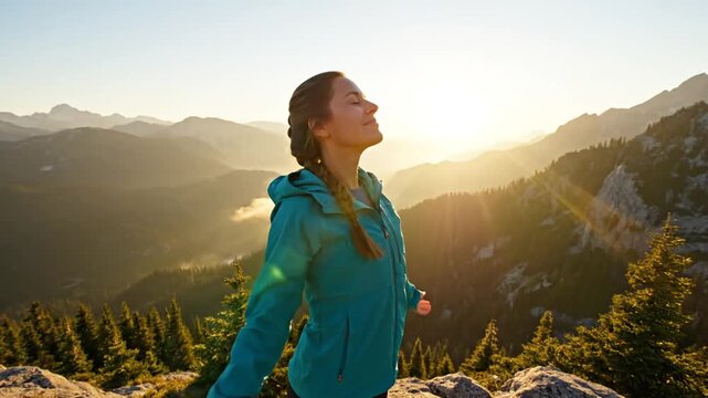 Female hiker enjoying vast mountain view with arms open at sunset