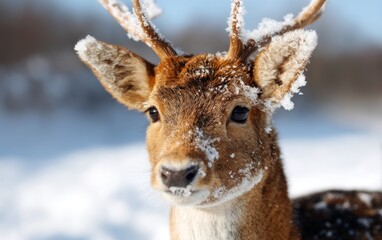 Fototapeta premium Majestic Deer with Snowflakes on Antlers in Snowy Winter Landscape