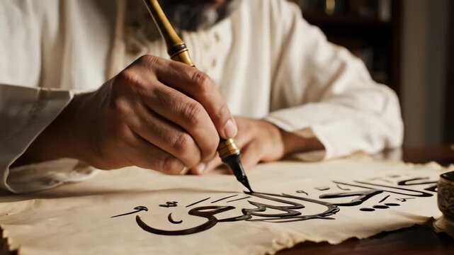 A person in a white robe writes Arabic calligraphy with a traditional inkwell on a wooden desk.