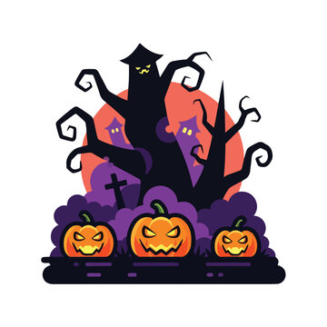 A spooky Halloween scene with jack-o-lanterns