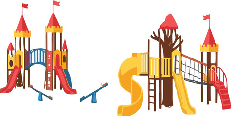 Fototapeta premium Colorful children playground equipment vector illustration set with slides swings towers and fun outdoor park structures