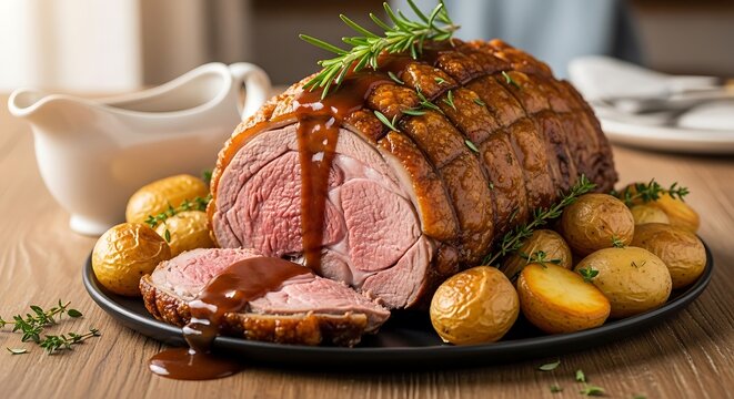 Delicious Roasted Beef with Potatoes and Gravy.