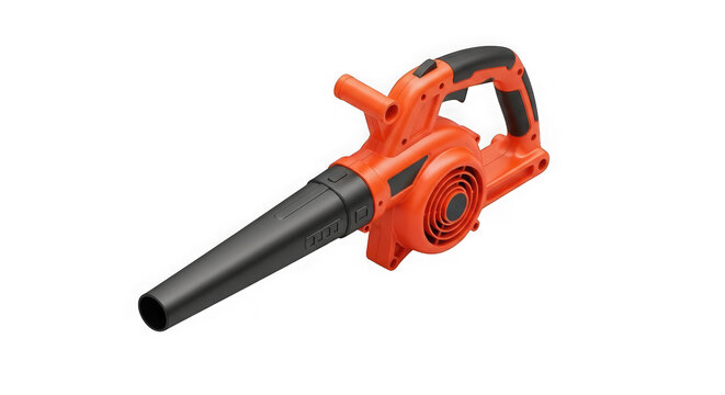 Orange and black leaf blower with long nozzle and handle transparent background