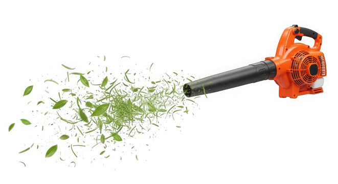 Orange leaf blower with green leaves blowing out  garden maintenance tool transparent background