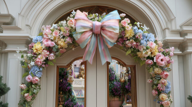 Doorway floral arrangement pastel colors flowers bow decoration spring easter celebration home decor ideas