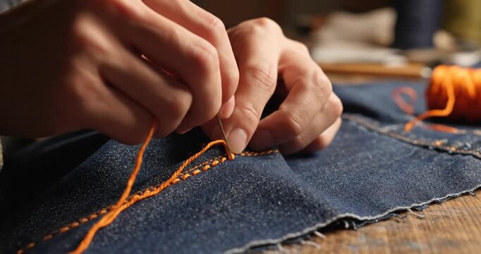 Close-up of a person sewing orange thread onto denim fabric at a rustic workspace