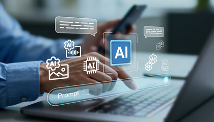 Naklejka premium Man typing command in AI prompt bar on laptop. Multimodal artificial intelligence interface for generating image, code, audio, and text content.