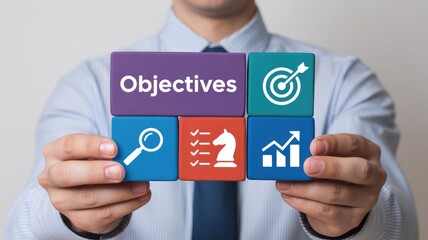 Professional person carefully holding a grid of colorful blocks symbolizing business objectives strategy analy