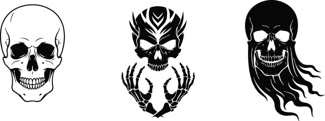 Fototapeta premium Black and white skull silhouette set with ghost and reaper hands vector design
