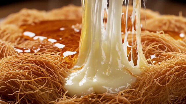 A fork holds a piece of kunafeh with syrup being poured on it.