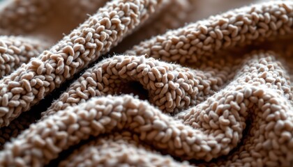 A close up view of textured fabric with beige and brown fibers. This material appears to be handwoven and has an organic, rustic appearance