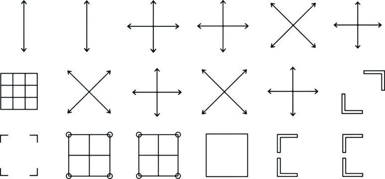 Vector Set of Measurement Guide Icons, Geometric Alignment Tools, Framing Indicators and Technical Drafting Symbols for Design Precision