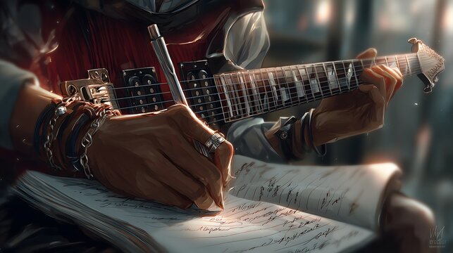Musician writing in fret notebook
