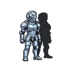 pixel art of a knight in polished silver mirror armor casting a dark grey shadow.