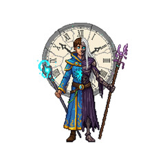 Obraz premium pixel art depicting a dual-natured time mage standing before a large cracked ancient clock face.