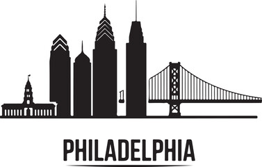 Obraz premium Philadelphia city skyline silhouette with iconic skyscrapers and Ben Franklin Bridge, minimalist black and white Pennsylvania landmark vector illustration. 