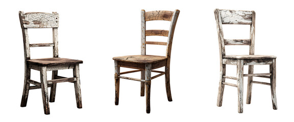 Collection of old distressed wooden chairs with worn paint isolated on a white or transparent background