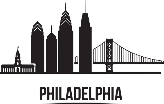Philadelphia city skyline silhouette with iconic skyscrapers and Ben Franklin Bridge, minimalist black and white Pennsylvania landmark vector illustration. 