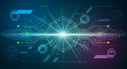 A futuristic circuit board design with a glowing hexagon and neon lights