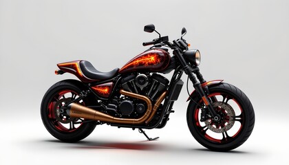 Obraz premium A sleek motorcycle with striking features against a neutral background. The motorcycle is designed with a combination of bold black and red elements, creating a visually appealing contrast