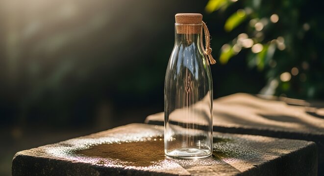 Eco bottle on stone platform with soft sunlight reflection