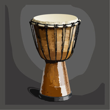 Artistic illustration of a traditional wooden African djembe drum.