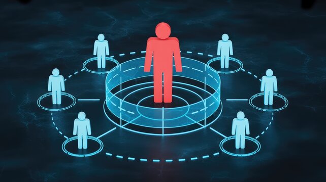 Prominent red human figure leads a glowing blue network connecting multiple people in a dark digital technolog