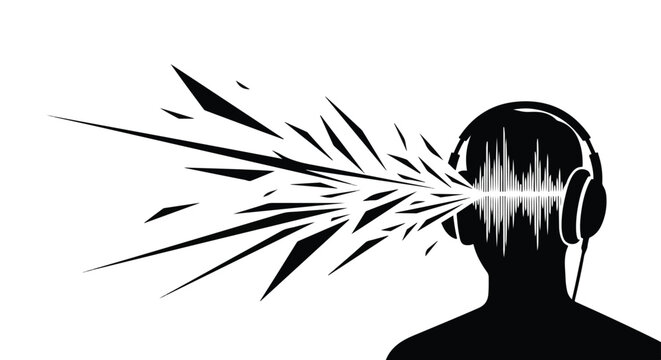 Abstract illustration of powerful sound exploding from headphones, representing intense music, audio impact, or noise. Dynamic visual of sound waves and sharp fragments.