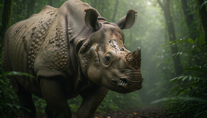Naklejka premium Majestic rhinoceros emerges from lush, verdant jungle foliage, showcasing its powerful horn and thick, textured skin in a tropical wilderness setting