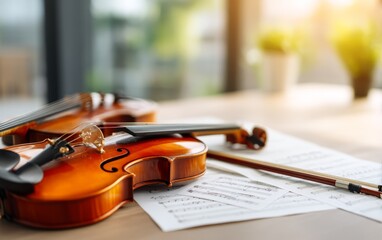 Naklejka premium Elegant Violin and Bow on Table with Sheet Music and Natural Light
