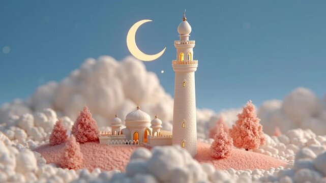 Miniature Mosque Scene with Minaret and Crescent Moon.