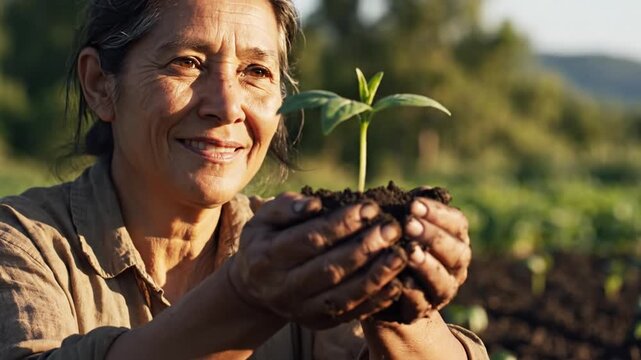 Mature woman planting small seedling in sunny field