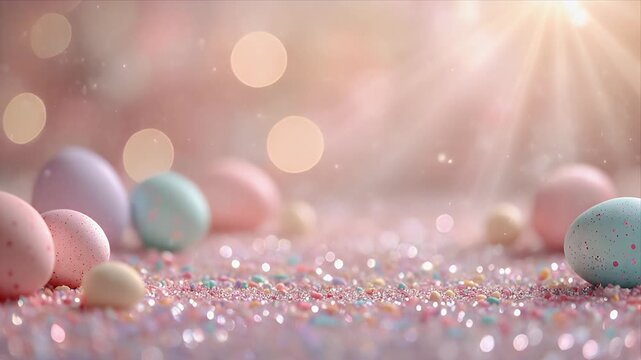 Pastel Easter eggs with sprinkles on festive background with bokeh lights