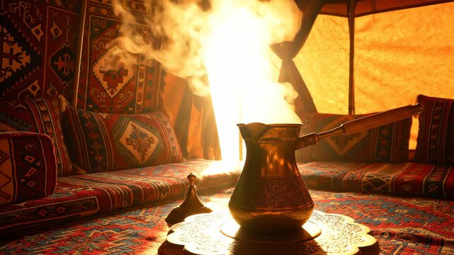 Traditional Middle Eastern setup with ornate coffee pot on low table amidst vibrant seating and warm firelight in a cozy tent interior.