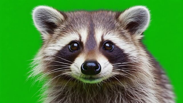 Cute raccoon looking directly at camera on green screen background