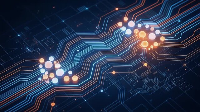 Abstract digital circuit design with glowing nodes and lines.