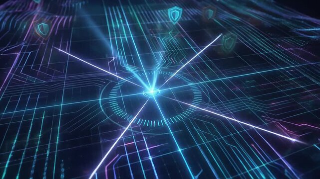 Abstract digital network with glowing shields and circuitry design.