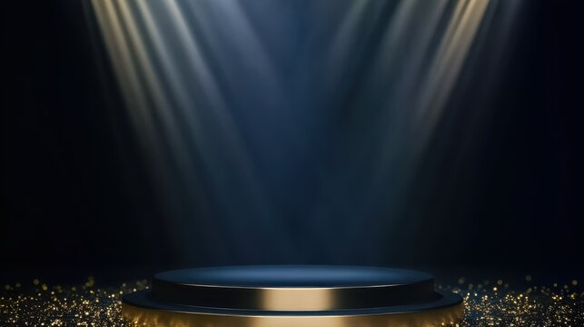 Dark blue stage with golden spotlight lines and glitter texture for award ceremony design, realistic 3d abstract premium elegant glamour background, generative ai, ideal for formal events and luxury v