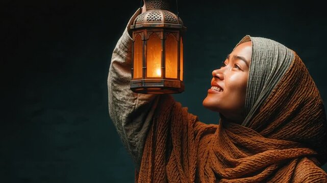 Woman in Hijab Holding Lantern Looking Up.