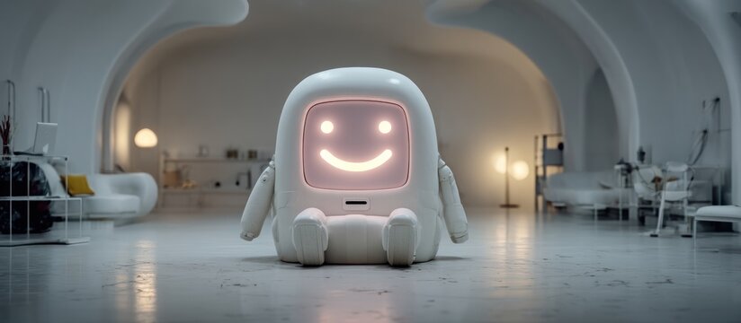 A white, rounded, cartoon-like figure with a glowing smiley face sits in a minimalist, white room